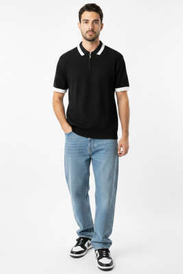 Polo Yaka Fermuarlı Merserize Triko T-Shirt Siyah - Erkek T-shirt