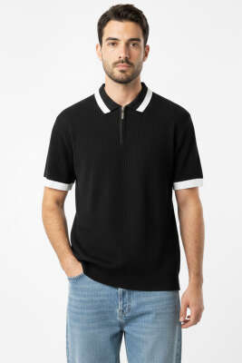 Polo Yaka Fermuarlı Merserize Triko T-Shirt Siyah 