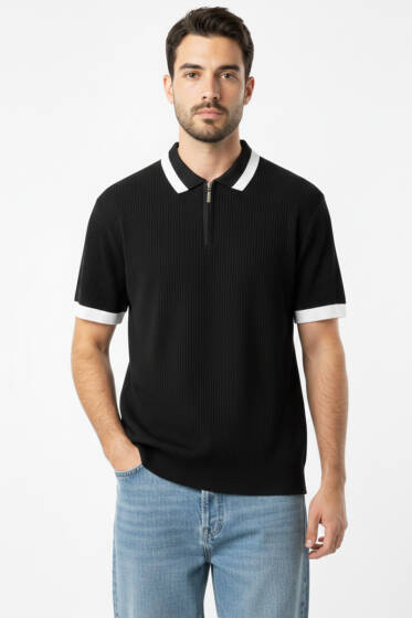 Polo Yaka Fermuarlı Merserize Triko T-Shirt Siyah - Erkek Triko Tişört