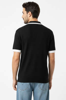 Polo Yaka Fermuarlı Merserize Triko T-Shirt Siyah - Erkek Triko Tişört