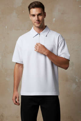Polo Yaka Fermuarlı Oversize Erkek T-shirt Beyaz 