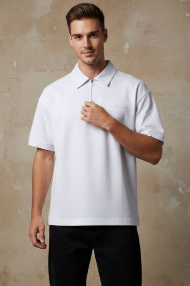 Polo Yaka Fermuarlı Oversize Erkek T-shirt Beyaz - Beyaz Polo Yaka Tişört