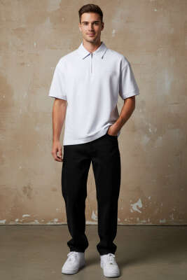 Polo Yaka Fermuarlı Oversize Erkek T-shirt Beyaz - Erkek T-shirt