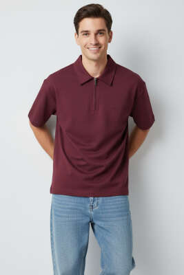 Polo Yaka Fermuarlı Oversize Erkek T-shirt Bordo 