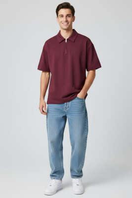 Polo Yaka Fermuarlı Oversize Erkek T-shirt Bordo - Erkek Polo Yaka Tişört