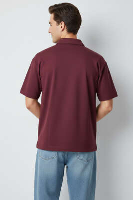 Polo Yaka Fermuarlı Oversize Erkek T-shirt Bordo - Erkek Polo Yaka Tişört