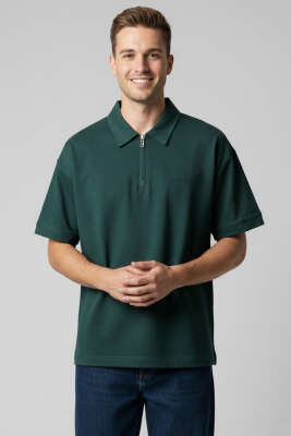 Polo Yaka Fermuarlı Oversize Erkek T-shirt Nefti - Erkek Polo Yaka Tişört