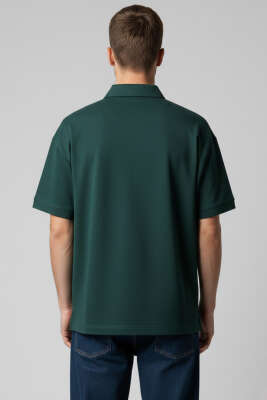 Polo Yaka Fermuarlı Oversize Erkek T-shirt Nefti - Erkek Polo Yaka Tişört