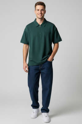 Polo Yaka Fermuarlı Oversize Erkek T-shirt Nefti - DEEP POİNT