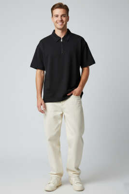 Polo Yaka Fermuarlı Oversize Erkek T-shirt Siyah - Erkek T-shirt