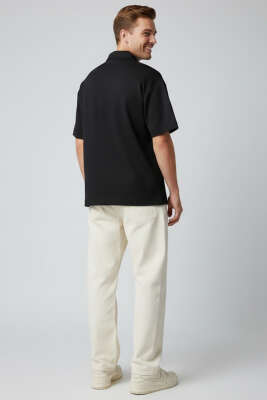 Polo Yaka Fermuarlı Oversize Erkek T-shirt Siyah - Siyah Polo Yaka Tişört