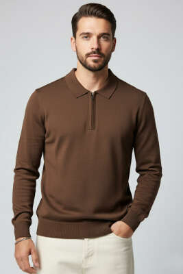 Polo Yaka Fermuarlı Triko Erkek Kazak Acı Kahve - WİPEOUT