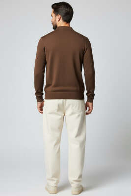 Polo Yaka Fermuarlı Triko Erkek Kazak Acı Kahve - Yeni Erkek Giyim