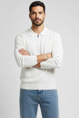 Polo Yaka Fermuarlı Triko Erkek Kazak Ekru - WİPEOUT