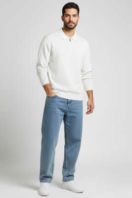 Polo Yaka Fermuarlı Triko Erkek Kazak Ekru - Yeni Erkek Giyim