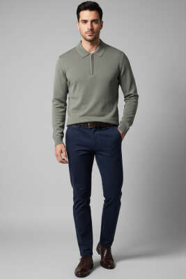 Polo Yaka Fermuarlı Triko Erkek Kazak Haki - Yeni Erkek Giyim