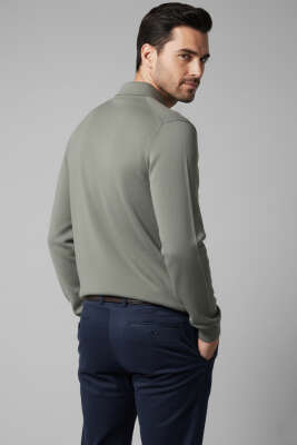 Polo Yaka Fermuarlı Triko Erkek Kazak Haki - Yeni Erkek Giyim