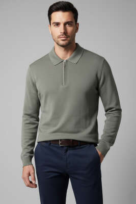 Polo Yaka Fermuarlı Triko Erkek Kazak Haki - WİPEOUT