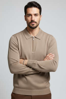Polo Yaka Fermuarlı Triko Erkek Kazak Kahve 