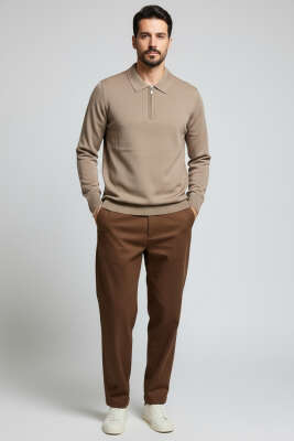 Polo Yaka Fermuarlı Triko Erkek Kazak Kahve - Yeni Erkek Giyim