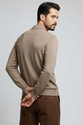 Polo Yaka Fermuarlı Triko Erkek Kazak Kahve - Yeni Erkek Giyim