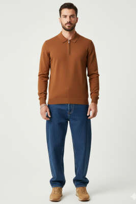 Polo Yaka Fermuarlı Triko Erkek Kazak Kiremit - Erkek Kazak