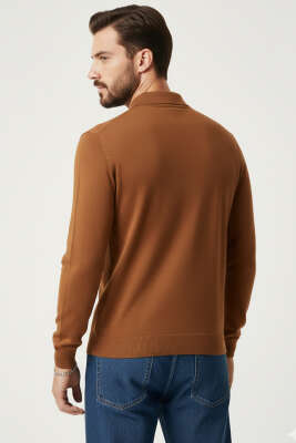 Polo Yaka Fermuarlı Triko Erkek Kazak Kiremit - Erkek Kazak