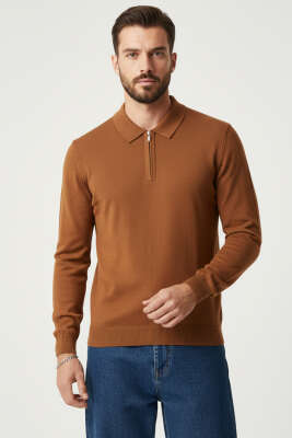 Polo Yaka Fermuarlı Triko Erkek Kazak Kiremit 