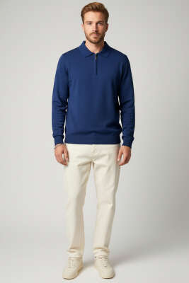 Polo Yaka Fermuarlı Triko Erkek Kazak Lacivert - Erkek Kazak