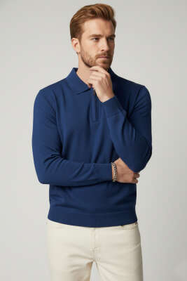 Polo Yaka Fermuarlı Triko Erkek Kazak Lacivert - WİPEOUT