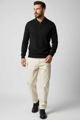 Polo Yaka Fermuarlı Triko Erkek Kazak Siyah - Erkek Kazak