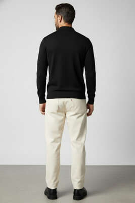 Polo Yaka Fermuarlı Triko Erkek Kazak Siyah - Erkek Kazak