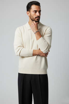 Polo Yaka Fermuarlı Triko Erkek Kazak Taş 