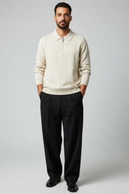 Polo Yaka Fermuarlı Triko Erkek Kazak Taş - Erkek Kazak