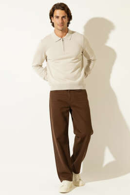 Polo Yaka Fermuarlı Triko Kazak Bej - Erkek Kazak