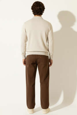 Polo Yaka Fermuarlı Triko Kazak Bej - Erkek Kazak