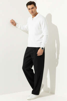 Polo Yaka Fermuarlı Triko Kazak Ekru - Erkek Kazak