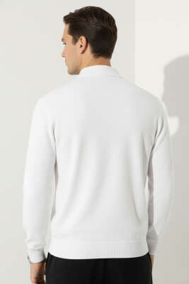 Polo Yaka Fermuarlı Triko Kazak Ekru - Erkek Kazak