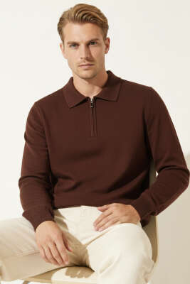 Polo Yaka Fermuarlı Triko Kazak Kahve - 2512