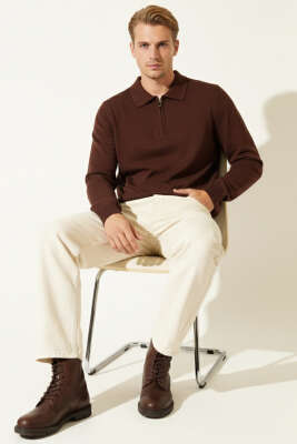 Polo Yaka Fermuarlı Triko Kazak Kahve - Erkek Kazak