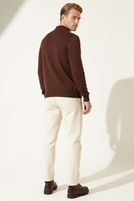 Polo Yaka Fermuarlı Triko Kazak Kahve - Erkek Kazak