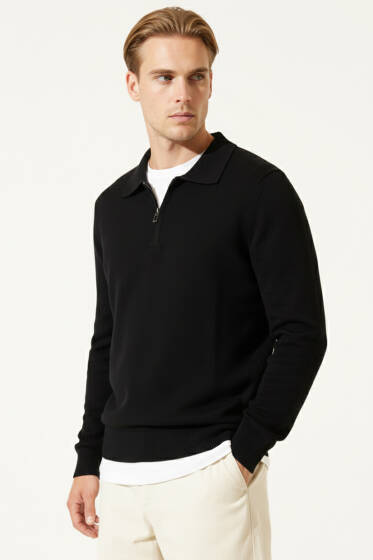 Polo Yaka Fermuarlı Triko Kazak Siyah - Erkek Kazak