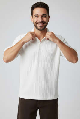 Polo Yaka Fitilli Oversize Erkek T-shirt Beyaz 