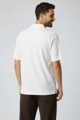 Polo Yaka Fitilli Oversize Erkek T-shirt Beyaz - Babalar Günü