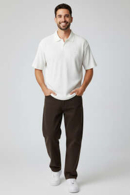 Polo Yaka Fitilli Oversize Erkek T-shirt Beyaz - Erkek T-shirt