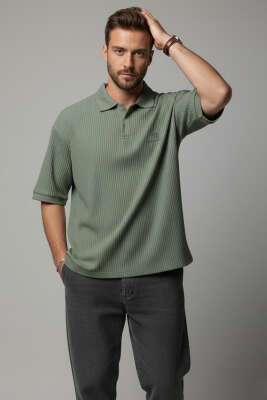 Polo Yaka Fitilli Oversize Erkek T-shirt Haki 