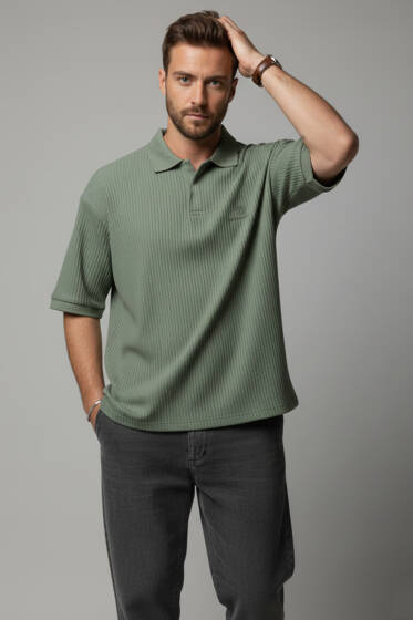 Polo Yaka Fitilli Oversize Erkek T-shirt Haki - Erkek T-shirt
