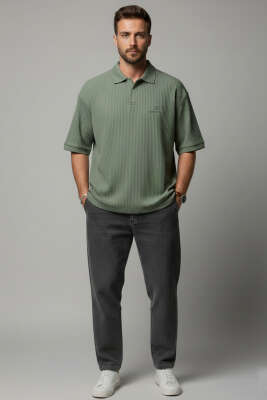 Polo Yaka Fitilli Oversize Erkek T-shirt Haki - Erkek T-shirt