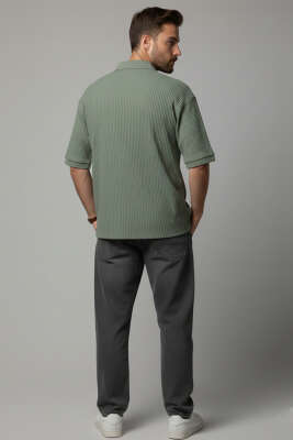 Polo Yaka Fitilli Oversize Erkek T-shirt Haki - Erkek T-shirt