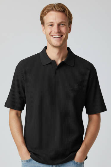 Polo Yaka Fitilli Oversize Erkek T-shirt Siyah - Erkek T-shirt